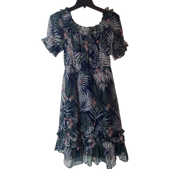 Walter Baker Tropical Print Ruffle Mini Dress Blue Green Shay Style M NWT - Picture 6 of 9